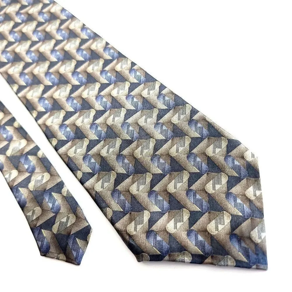 Bill Blass Tan Blue Beige Geometric Abstract Print Short Wide Silk Tie‎